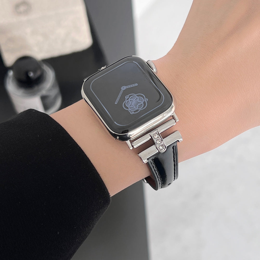 For Apple Watch Series 9 8 7 41mm / SE (2023) SE (2022) SE 6 5 4 40mm / 3 2 1 38mm Rhinestone Decor Strap Genuine Cow Leather Band - Black For Apple Watch Series 9 8 7 41mm / SE (2023) SE (2022) SE 6 5 4 40mm / 3 2 1 38mm Rhinestone Decor Strap Genuine Cow Leather Band - Black